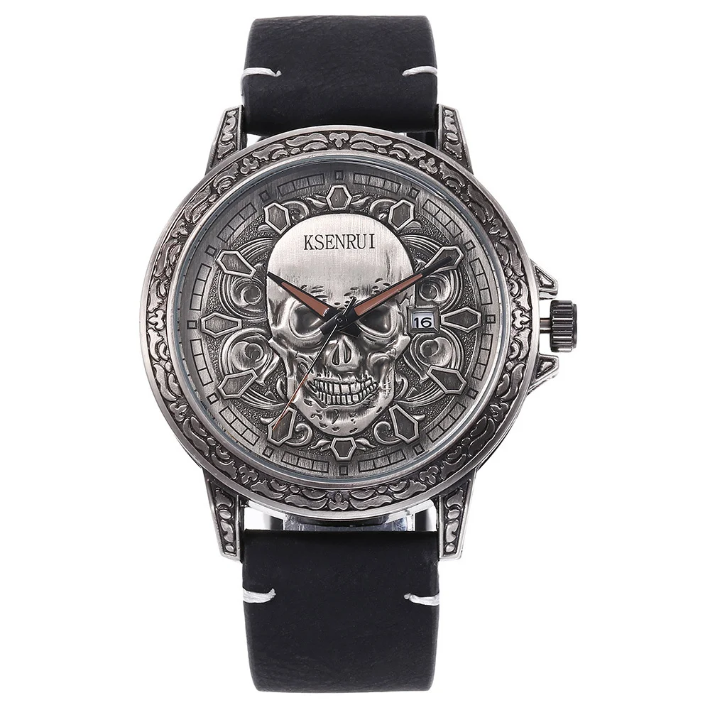 Skull Dial Quartz Watch, Steel & Leather Strap