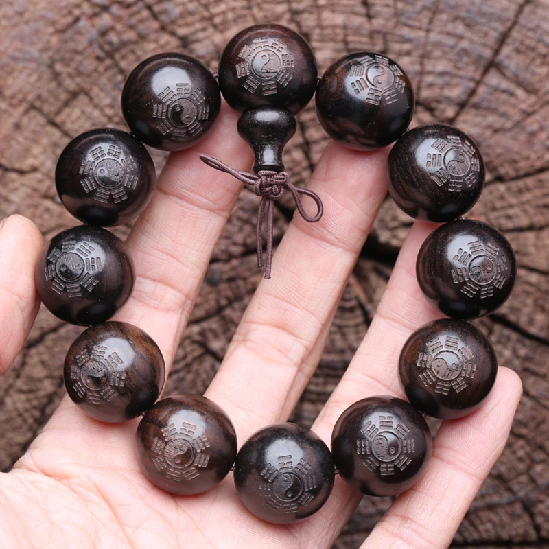 Ebony Men's Yin Yang Wooden Bracelet, 20mm Beads