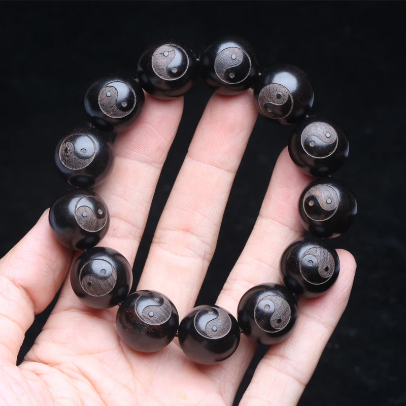 Ebony Men's Yin Yang Wooden Bracelet, 20mm Beads