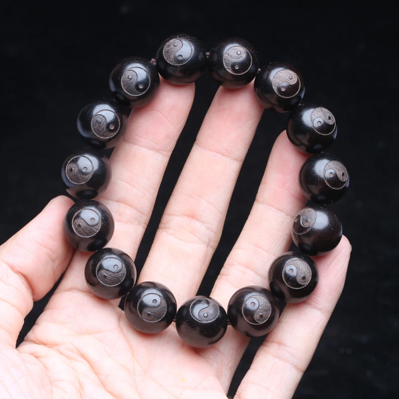 Ebony Men's Yin Yang Wooden Bracelet, 20mm Beads
