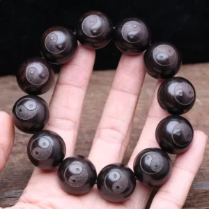 Ebony Men's Yin Yang Wooden Bracelet, 20mm Beads - Image 3