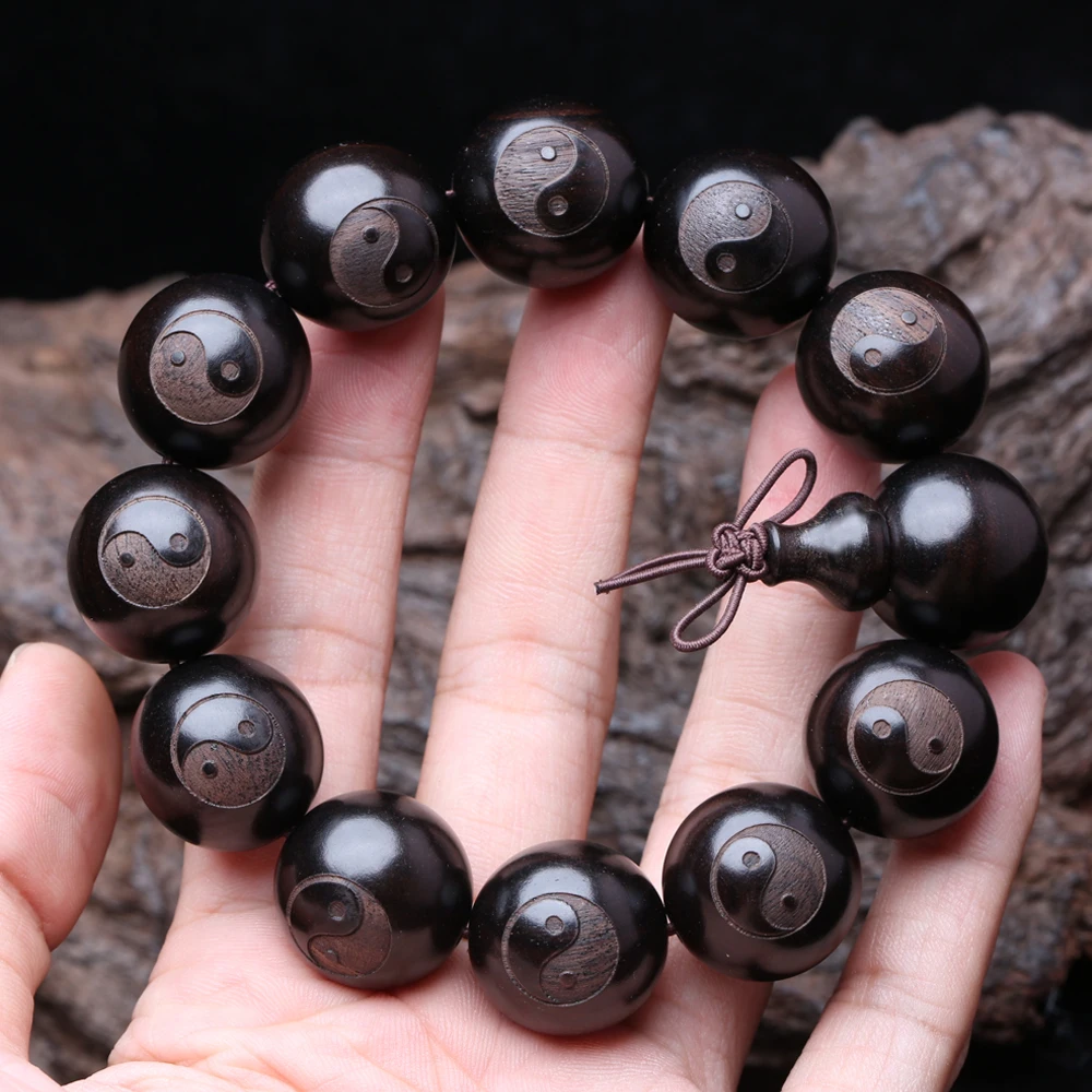 Ebony Men's Yin Yang Wooden Bracelet, 20mm Beads