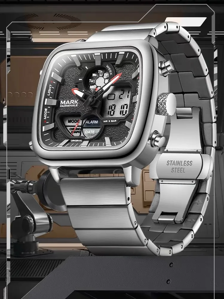 Fairwhale Square Dual Display Men's Watch, Waterproof & Stylish