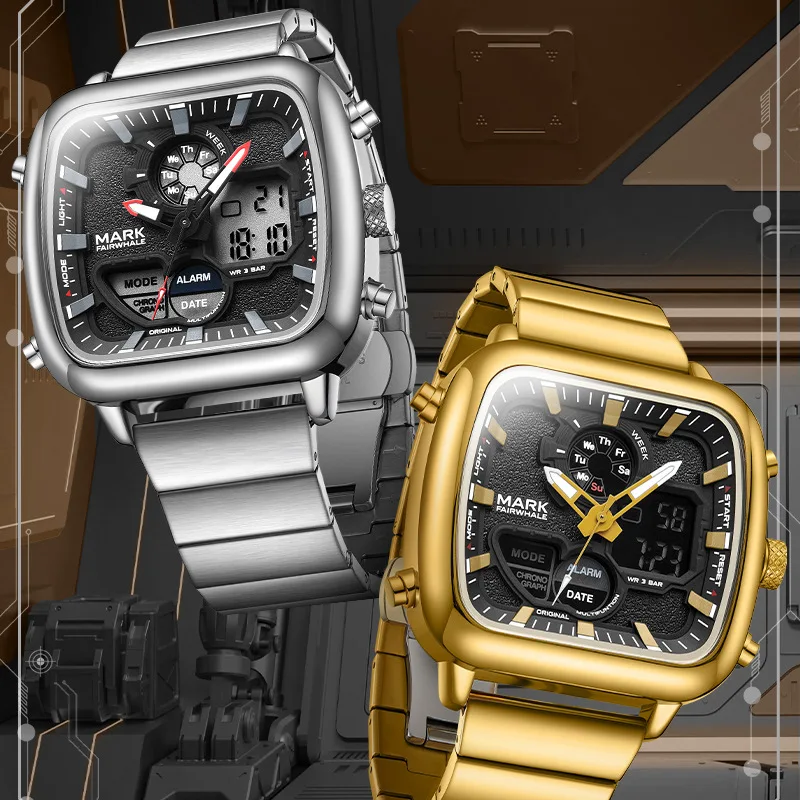 Fairwhale Square Dual Display Men's Watch, Waterproof & Stylish