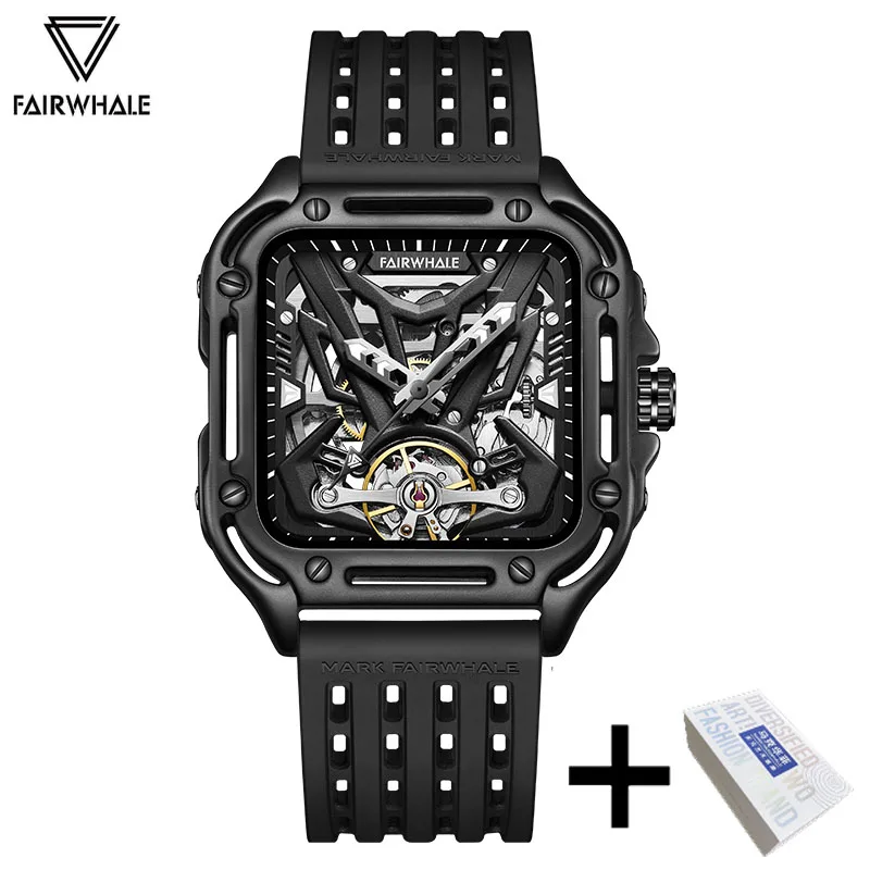 Mark Fairwhale Skeleton Square Watch, Sports Silicone Strap