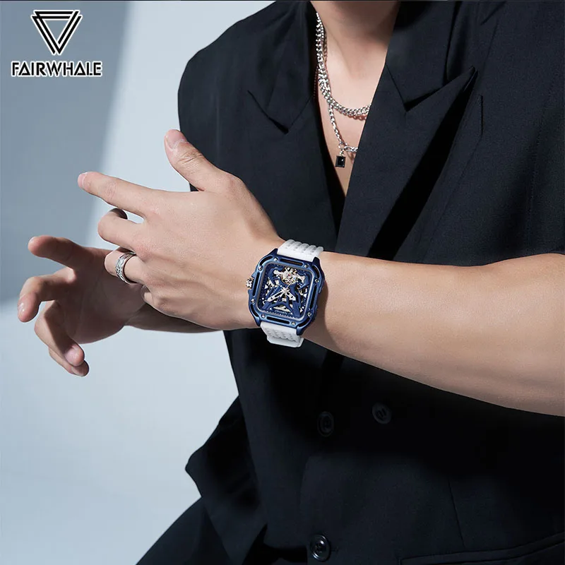 Mark Fairwhale Skeleton Square Watch, Sports Silicone Strap