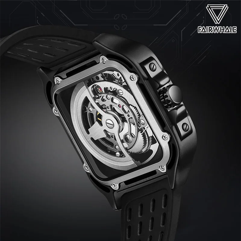 Mark Fairwhale Skeleton Square Watch, Sports Silicone Strap