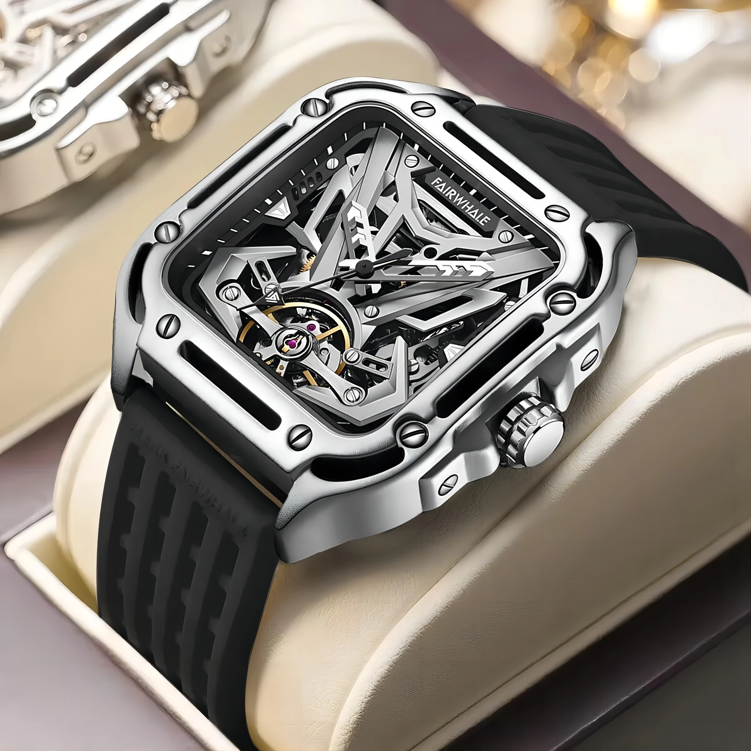 Mark Fairwhale Skeleton Square Watch, Sports Silicone Strap - Image 6