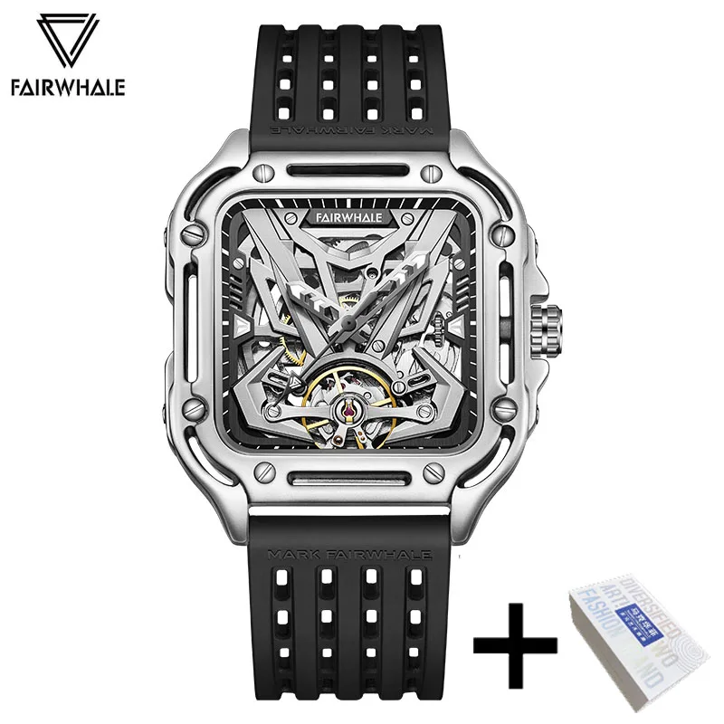 Mark Fairwhale Skeleton Square Watch, Sports Silicone Strap