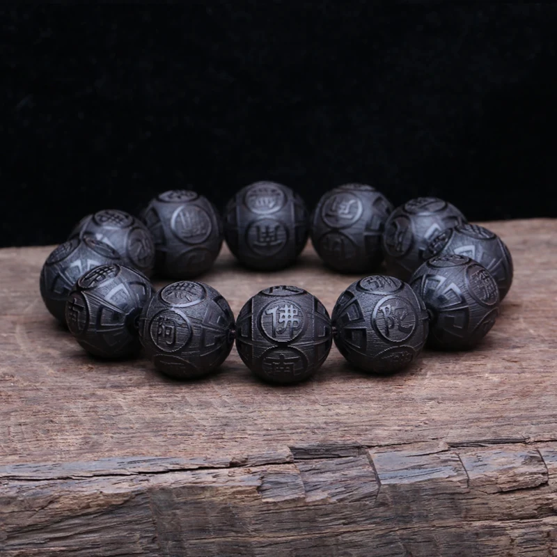 Natural Black Wood Tibetan Prayer Bracelet, 12 Beads