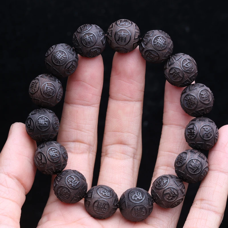 Natural Black Wood Tibetan Prayer Bracelet, 12 Beads