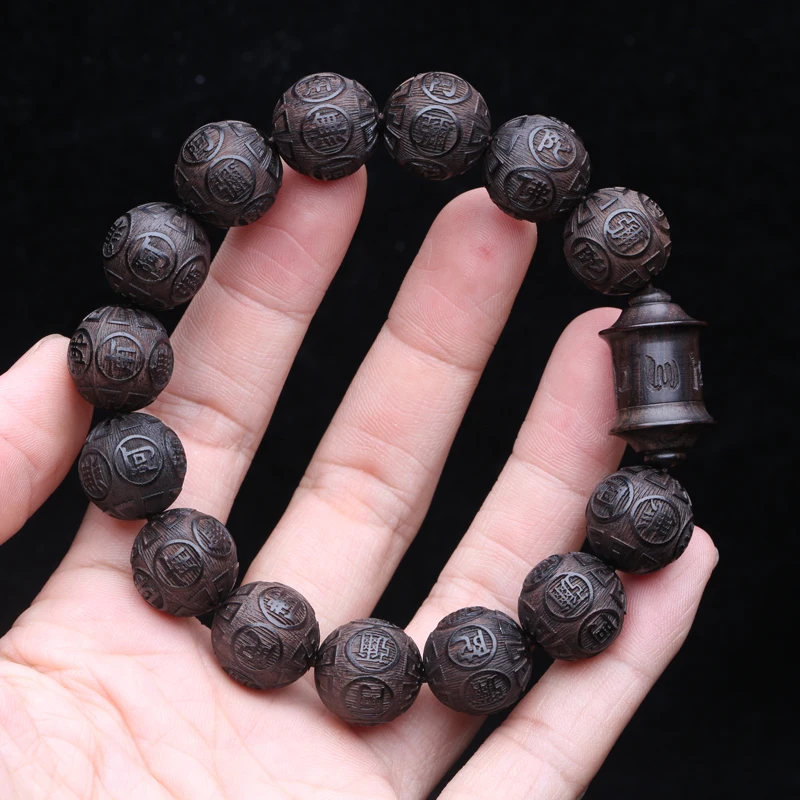 Natural Black Wood Tibetan Prayer Bracelet, 12 Beads