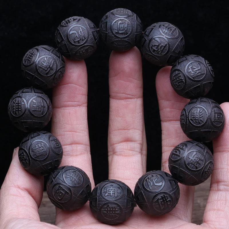 Natural Black Wood Tibetan Prayer Bracelet, 12 Beads