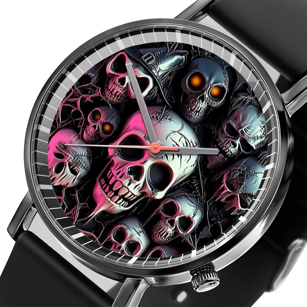 Halloween Skull Quartz Watch, Black Silicone Strap