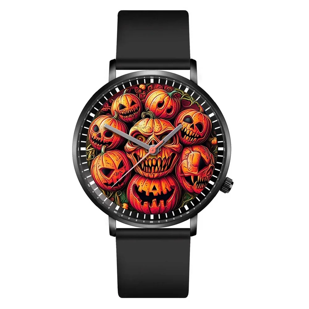 Halloween Skull Quartz Watch, Black Silicone Strap