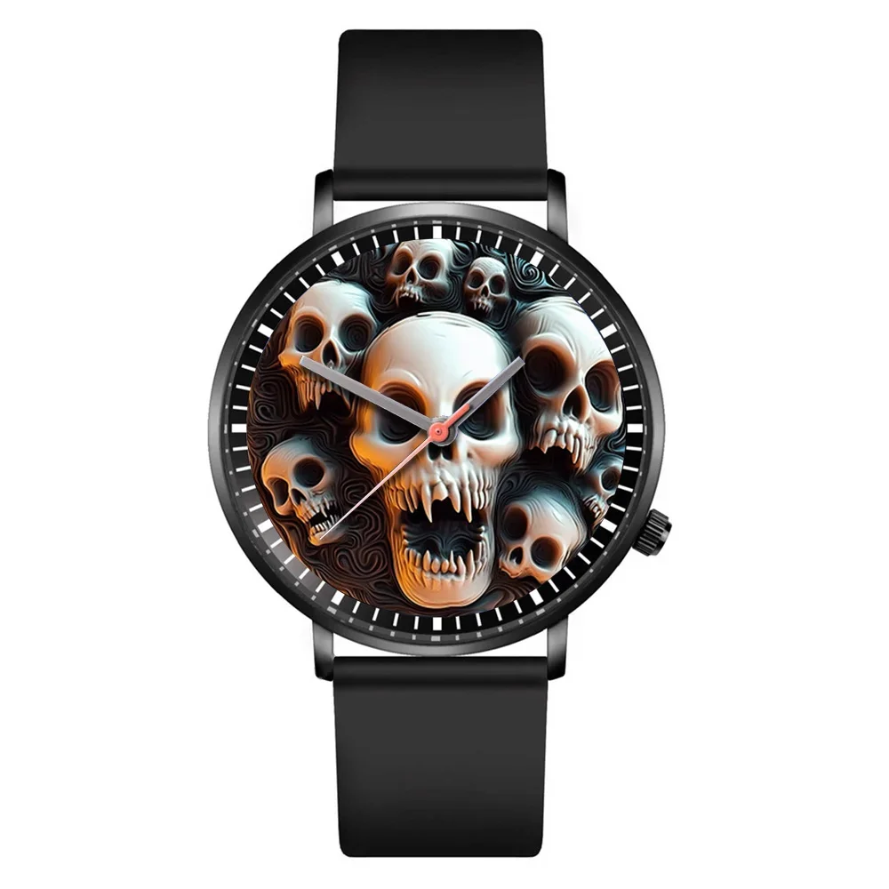 Halloween Skull Quartz Watch, Black Silicone Strap