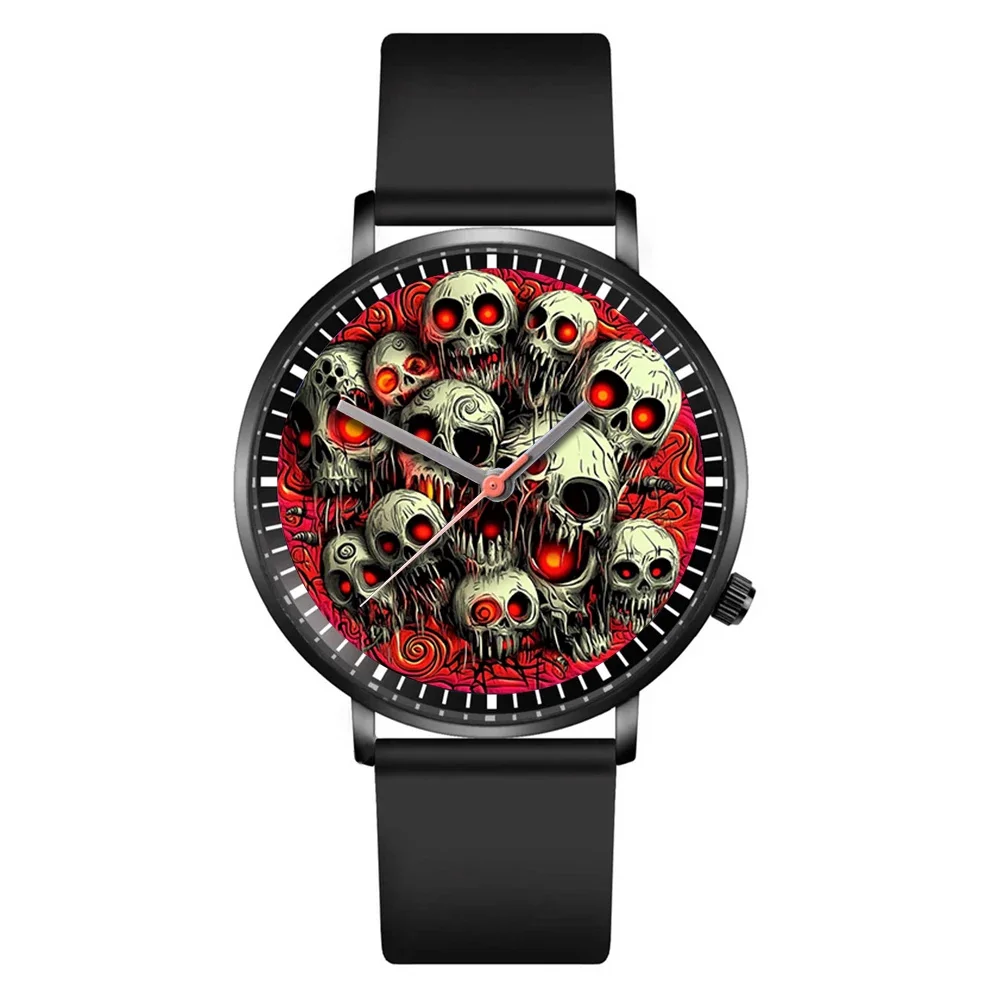 Halloween Skull Quartz Watch, Black Silicone Strap