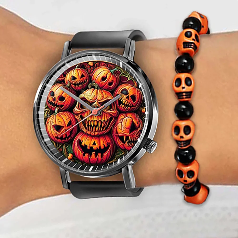 Halloween Skull Quartz Watch, Black Silicone Strap