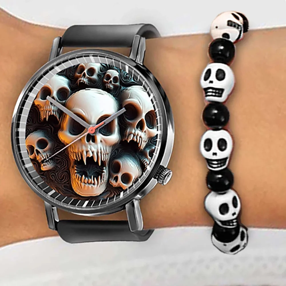 Halloween Skull Quartz Watch, Black Silicone Strap