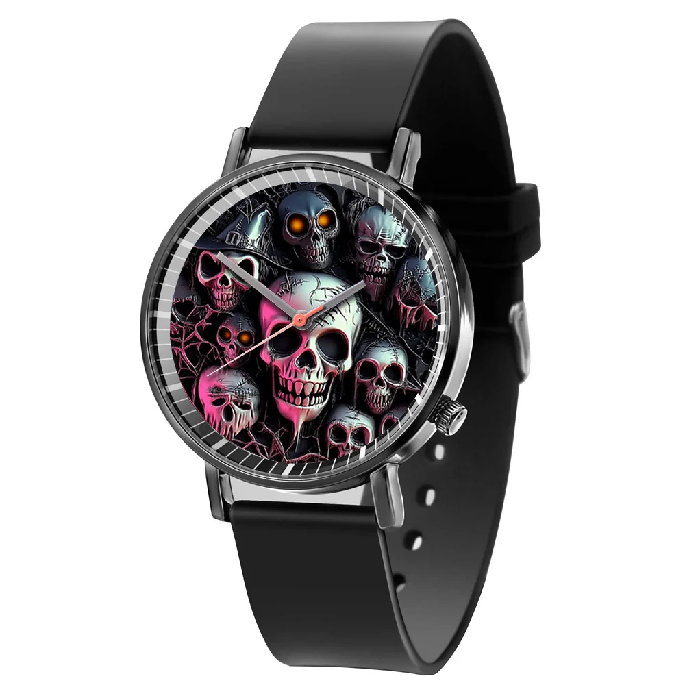 Halloween Skull Quartz Watch, Black Silicone Strap