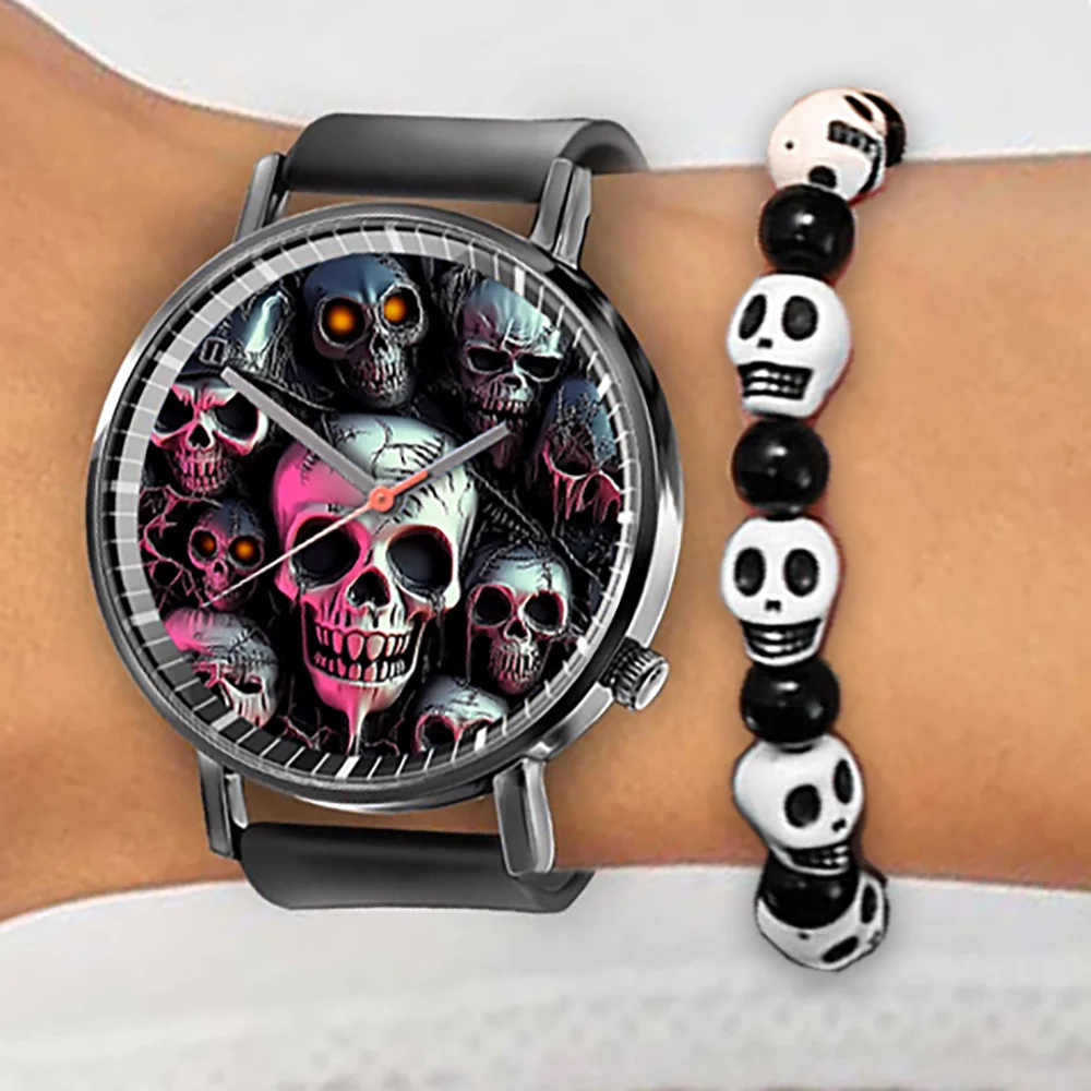 Halloween Skull Quartz Watch, Black Silicone Strap
