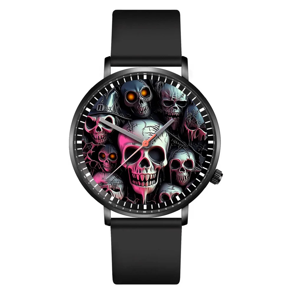 Halloween Skull Quartz Watch, Black Silicone Strap