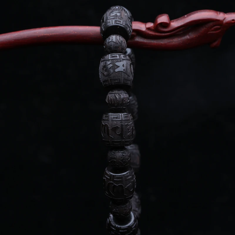 Natural Ebony Tibetan Mantra Bracelet, 12mm Beads