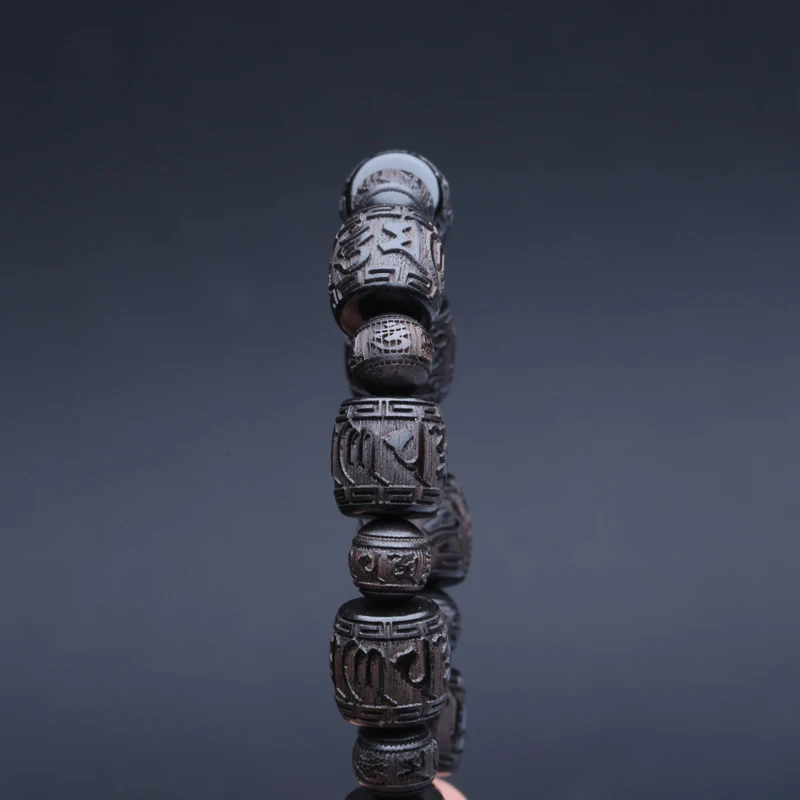Natural Ebony Tibetan Mantra Bracelet, 12mm Beads