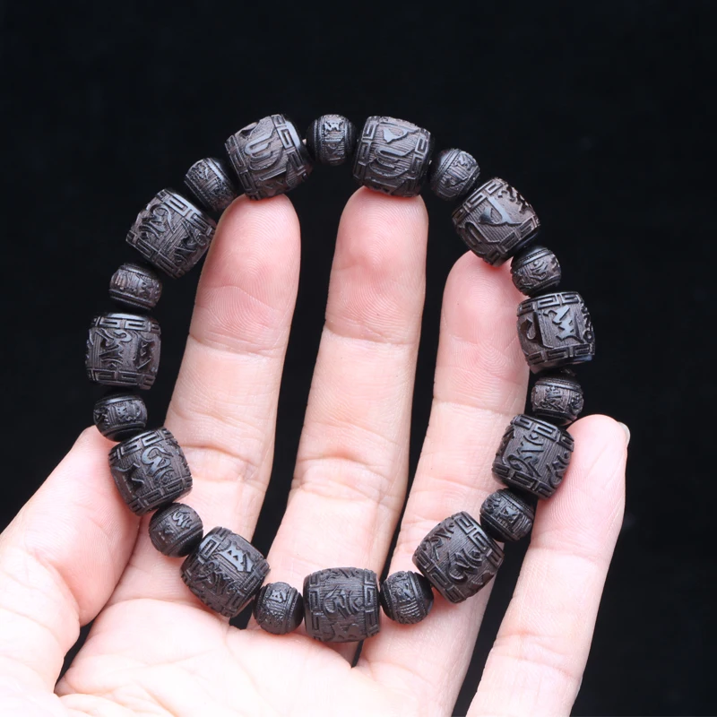 Natural Ebony Tibetan Mantra Bracelet, 12mm Beads