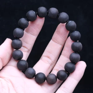 Natural Ebony 20mm Carved Wood Bead Bracelet, Good Luck - Image 2