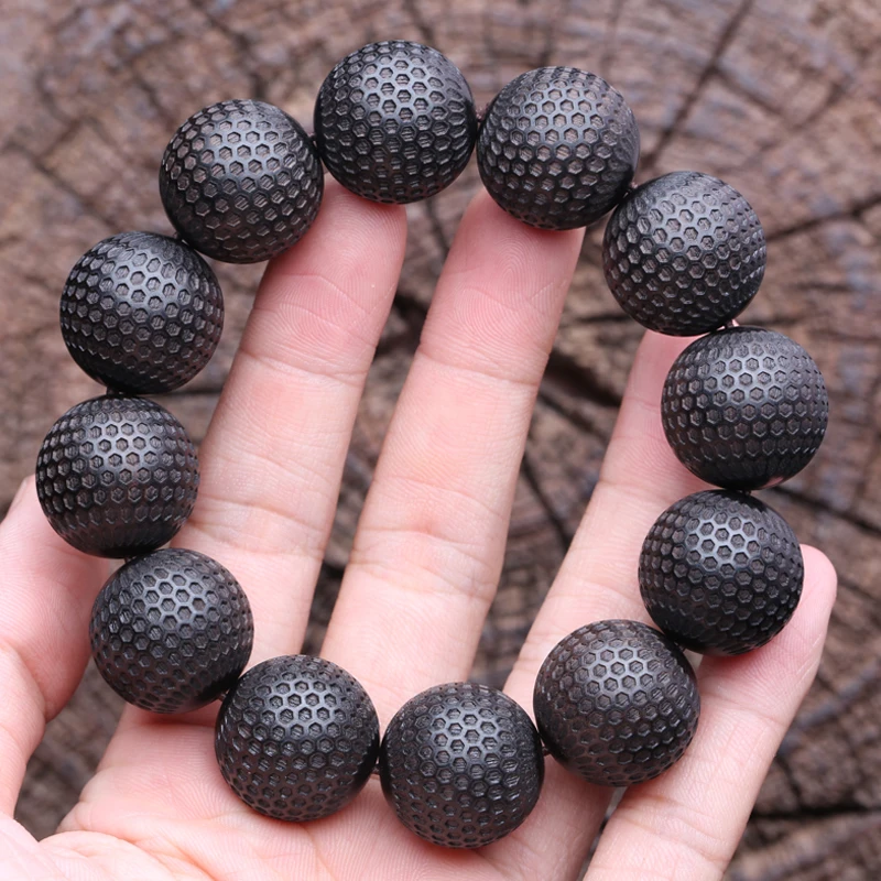 Natural Ebony 20mm Carved Wood Bead Bracelet, Good Luck