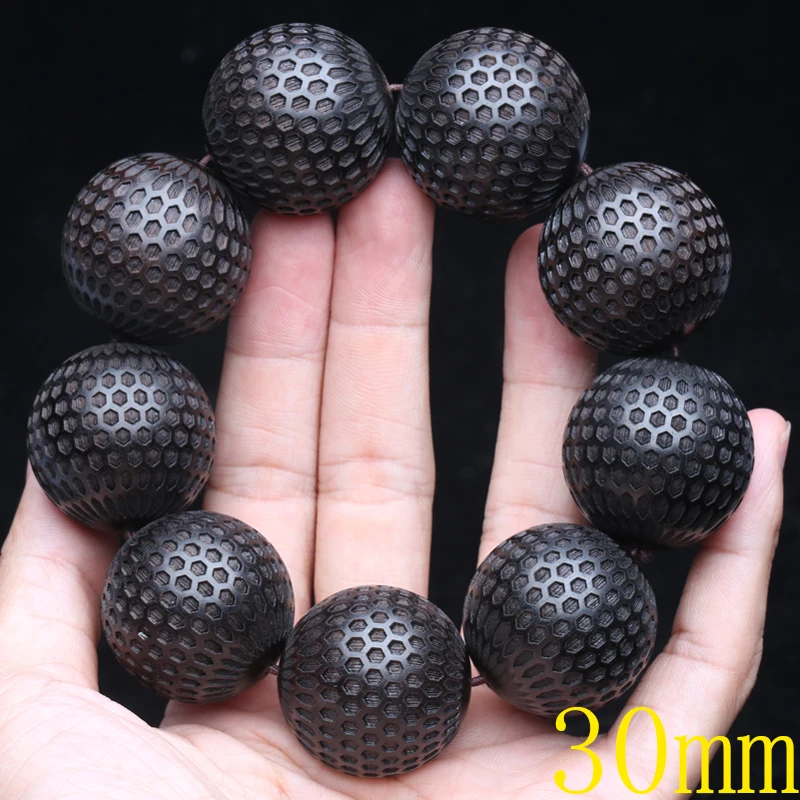 Natural Ebony 20mm Carved Wood Bead Bracelet, Good Luck