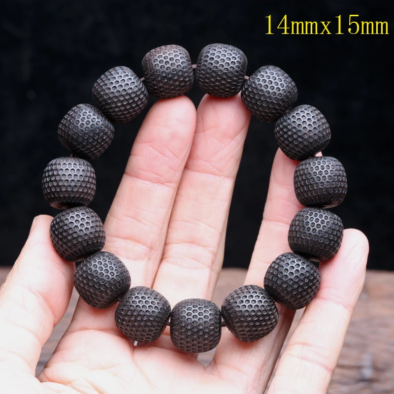 Natural Ebony 20mm Carved Wood Bead Bracelet, Good Luck