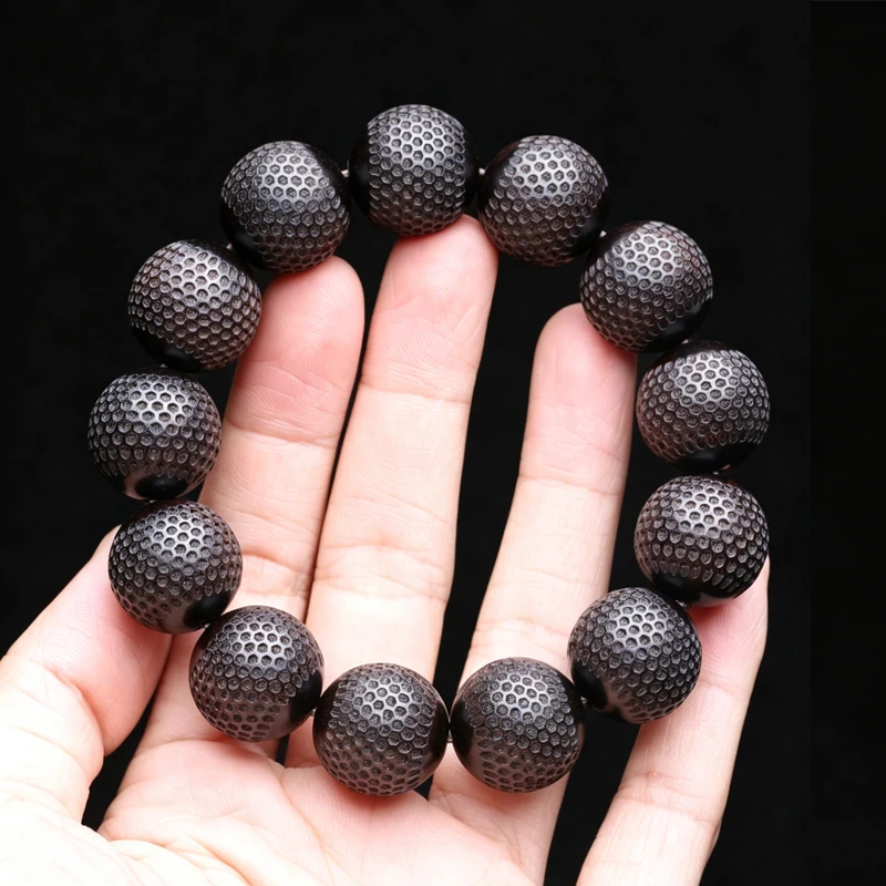 Natural Ebony 20mm Carved Wood Bead Bracelet, Good Luck