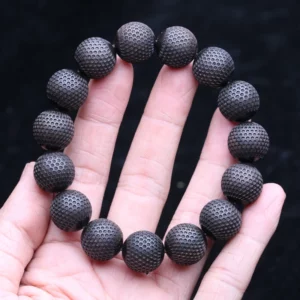 Natural Ebony 20mm Carved Wood Bead Bracelet, Good Luck - Image 3