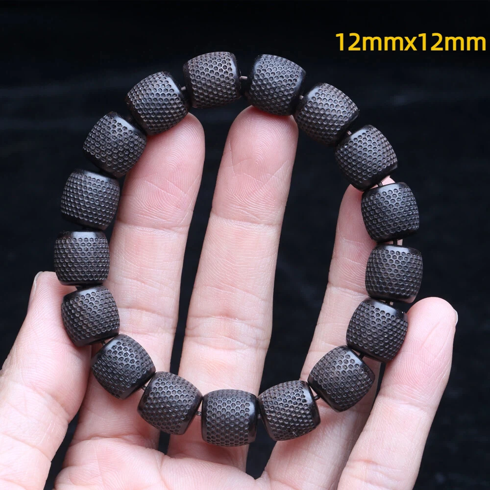 Natural Ebony 20mm Carved Wood Bead Bracelet, Good Luck