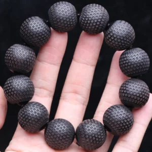 Natural Ebony 20mm Carved Wood Bead Bracelet, Good Luck - Image 1
