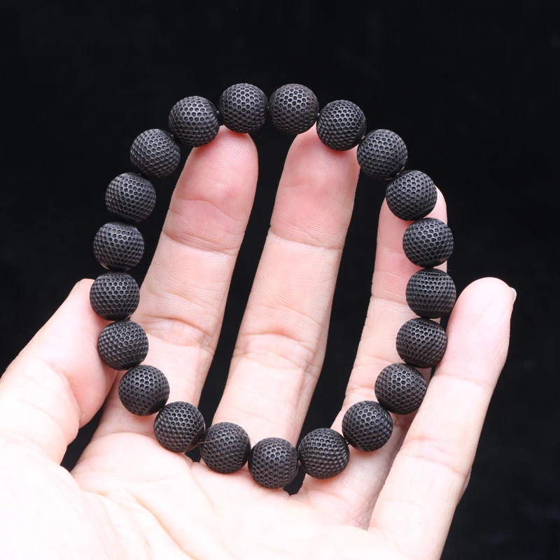 Natural Ebony 20mm Carved Wood Bead Bracelet, Good Luck