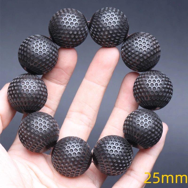 Natural Ebony 20mm Carved Wood Bead Bracelet, Good Luck