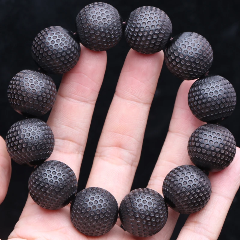 Natural Ebony 20mm Carved Wood Bead Bracelet, Good Luck