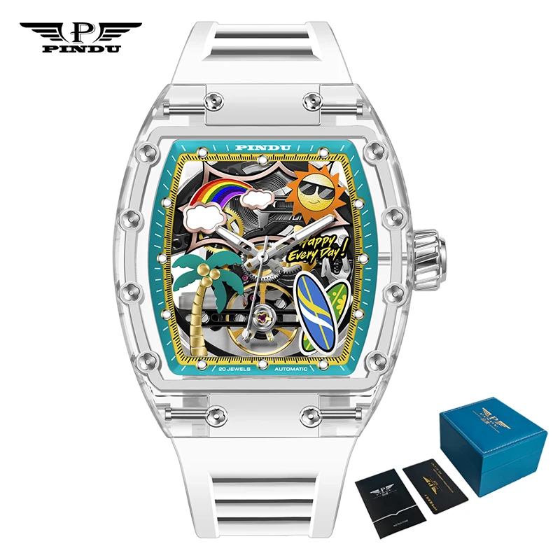 PINDU Men's Mechanical Watch, Glowing Resin Strap
