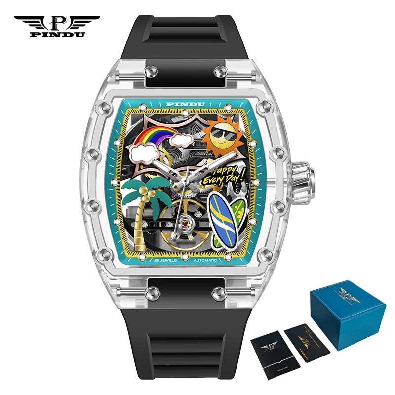 PINDU Men's Mechanical Watch, Glowing Resin Strap