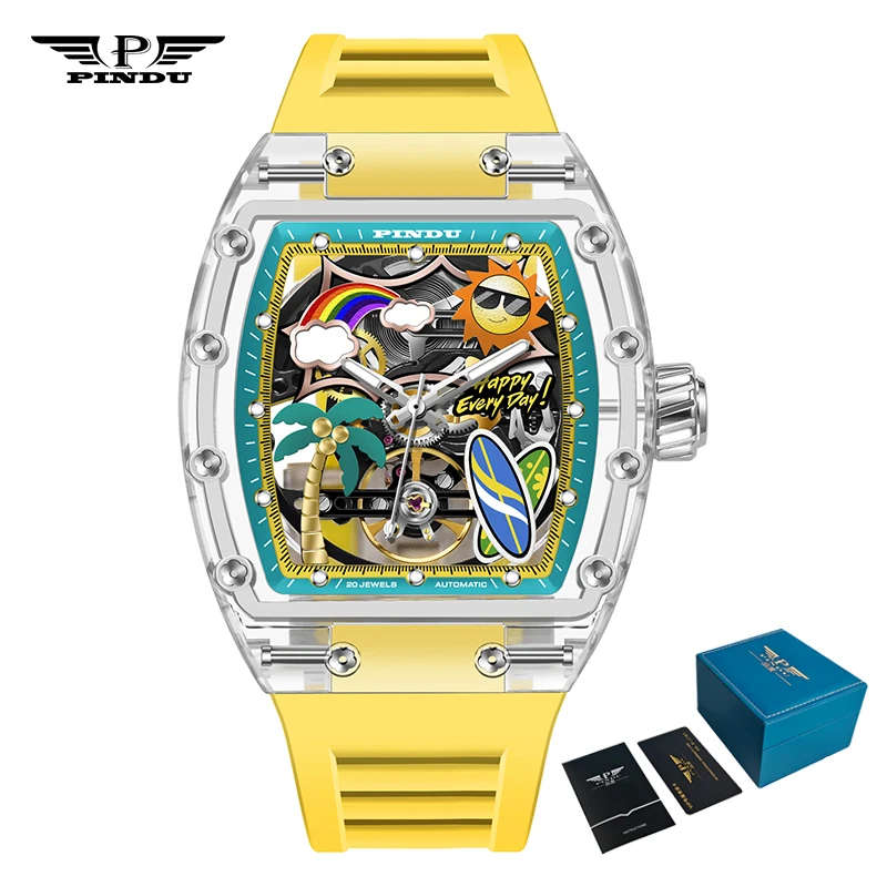 PINDU Men's Mechanical Watch, Glowing Resin Strap