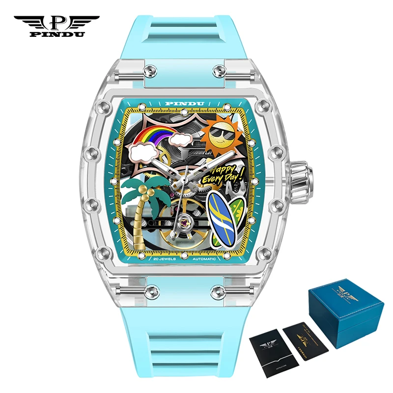 PINDU Men's Mechanical Watch, Glowing Resin Strap