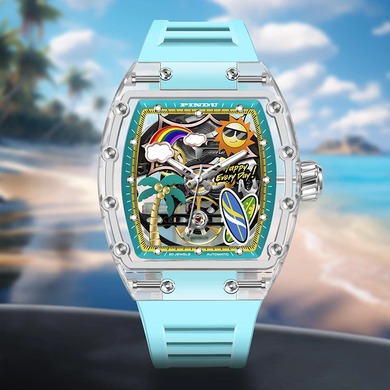 PINDU Men's Mechanical Watch, Glowing Resin Strap