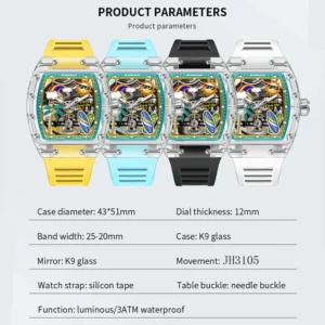 PINDU Men's Mechanical Watch, Glowing Resin Strap - Image 6