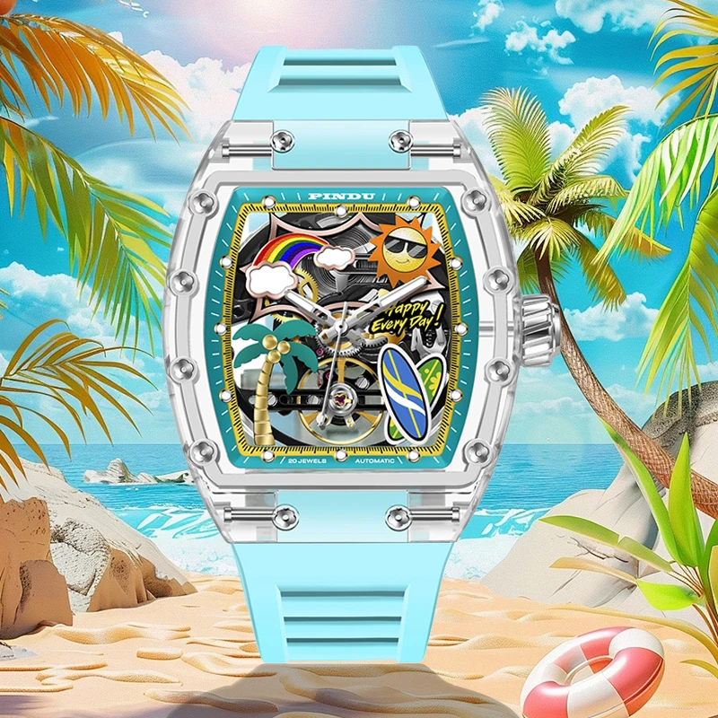 PINDU Men's Mechanical Watch, Glowing Resin Strap