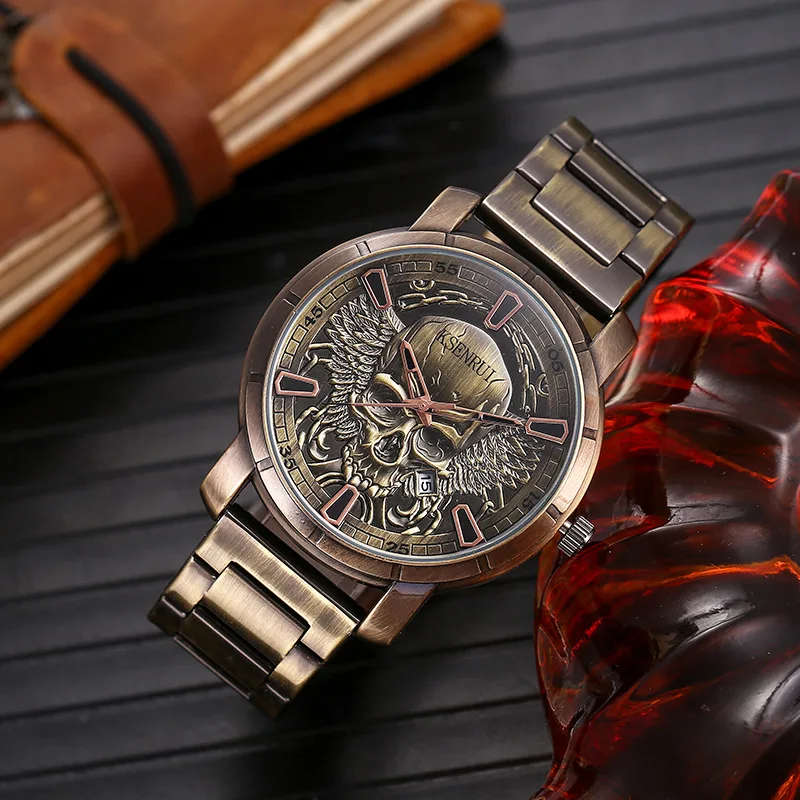 Retro Skull Watch, Men's Luxury Steel & Leather