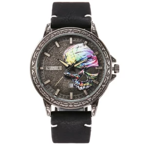 Retro Skull Watch, Men's Luxury Steel & Leather - Image 8