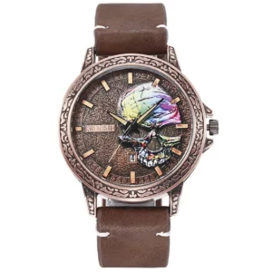 Retro Skull Watch, Men's Luxury Steel & Leather - Image 7